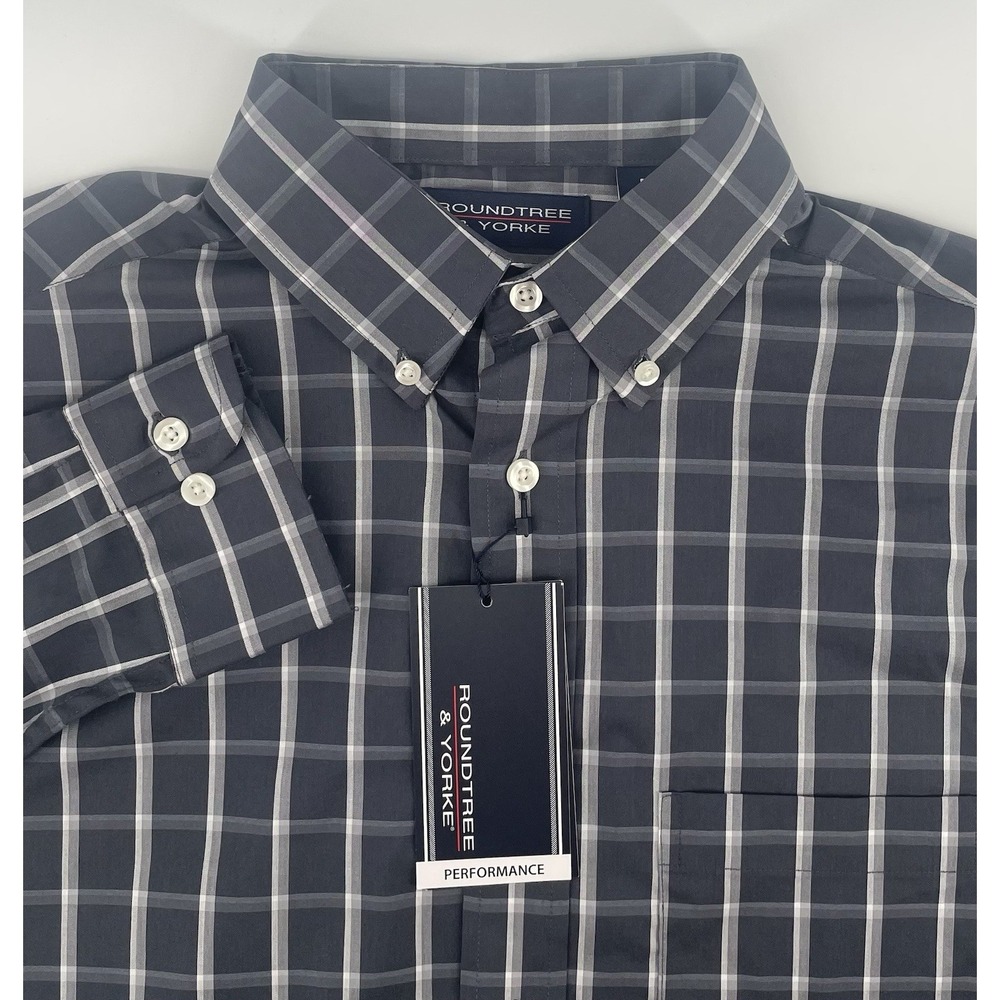 Roundtree & Yorke Button Down Med Grey Performance Gingham LS Shirt Office NWT